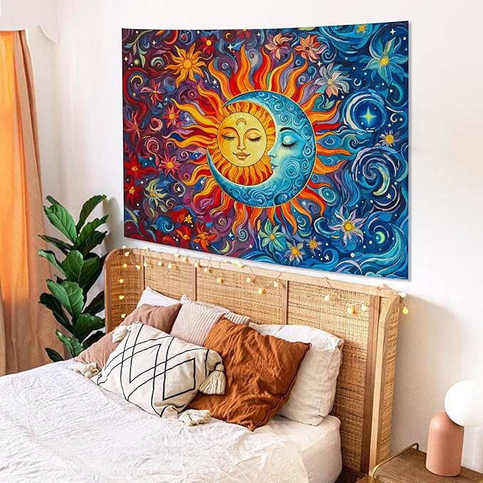 Sun and Moon Tapestry Boho Hippie Orange Red Blue Floral Tapestry for Bedroom Aesthetic Abstract Plant Flowers Stars Small Tapestries Wall Hanging for Living Room Dorm 48 x 36 Inch