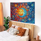 Sun and Moon Tapestry Boho Hippie Orange Red Blue Floral Tapestry for Bedroom Aesthetic Abstract Plant Flowers Stars Small Tapestries Wall Hanging for Living Room Dorm 48 x 36 Inch