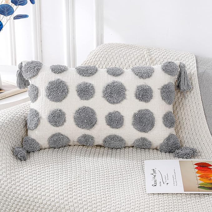 PANOD Super Soft Farmhouse Decorative Plush Throw Pillow Covers 12 x 20 Grey,Solid Pom pom Tufted with Tassels Modern Accent Boho Lumbar Cushion Cover Pillow Case for Couch Sofa