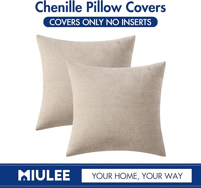 MIULEE Pack of 2 Beige Decorative Pillow Covers 16x16 Inch Soft Chenille Couch Throw Pillows Farmhouse Cushion Covers for Home Decor Sofa Bedroom Living Room