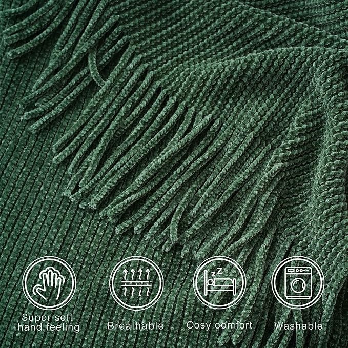 BATTILO HOME Dark Green Throw Blanket for Couch, Soft Chenille Knit Throws with Tassels for Home Decor, Christmas Green Throws for Bed Couch Cover, 60"x80"