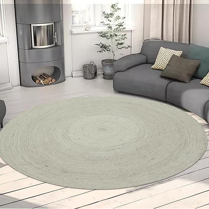 Circle Area Rug - 3 Ft' Round White Natural Jute Mat Geometric Kilim Rug Indoor Outdoor Use Flatweave Rugs for Bedroom Bedside Round Dining Table Mat Hall & Kitchen