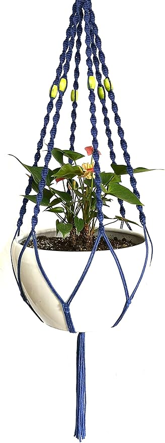 6 Legs Macrame Natural Jute and Cotton Plant Hanger & Holder and Metal Ring, 51-inches Length (Without The White Pot and Plant) (Navy Blue)