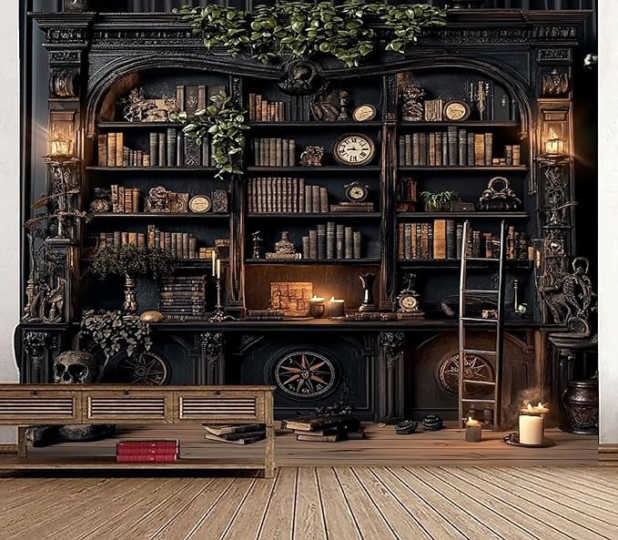TUGCAY Vintage Bookshelf Tapestry, Medieval Gothic Bookcase Tapestry Spooky Library Tapestries Book Skull Backdrop for Bedroom Living Room Dorm Office Wall Decor 80’’ x 60’’