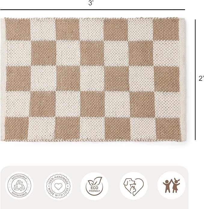 · REDEARTH · Jute Cotton Area Rug, Sustainable Handwoven, Non-Shedding, Soft & Durable – Reversible, Neutral Tones for Home Décor in Living Room, Dining, Bedroom (Gridstone Natural, 2'x3'), Set of 2