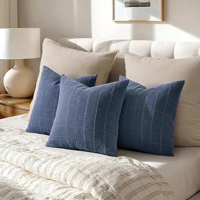 Woaboy Linen Check Throw Pillow Covers Set of 2 - Blue Farmhouse Modern Boho Vintage Decorative Cushion Covers for Sofa Couch Bedroom Living Room Decor 20x20 Inch