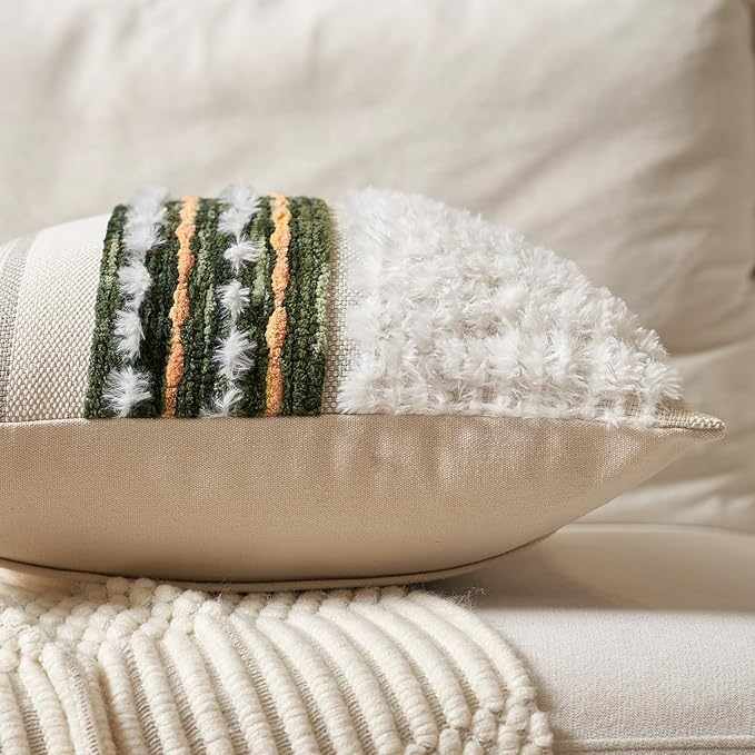 Aeckself Boho Chenille Tufted Throw Pillow Covers 18x18 Inch Set of 2, Farmhouse Decorative Striped Square Pillow Covers Accent Neutral Pillowcase for Living Room Couch Bed, Green
