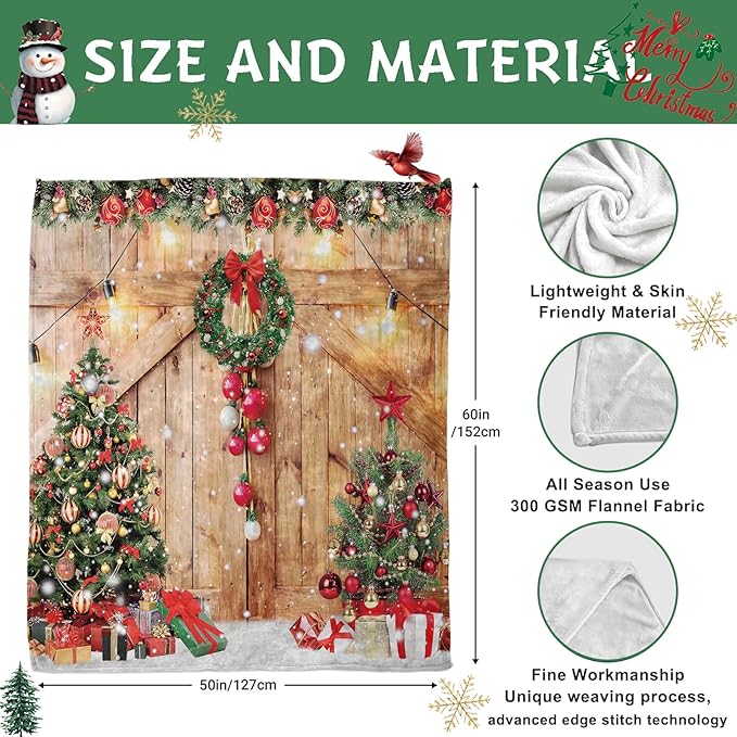 Farmhouse Christmas Throw Blanket, Wood Barn Door Winter Rustic Xmas Tree Snow Blanket for Bed Sofa Travel and Camping, Super Soft Cozy Fluffy Plush Blanket for All Seasons, 50" x 60"