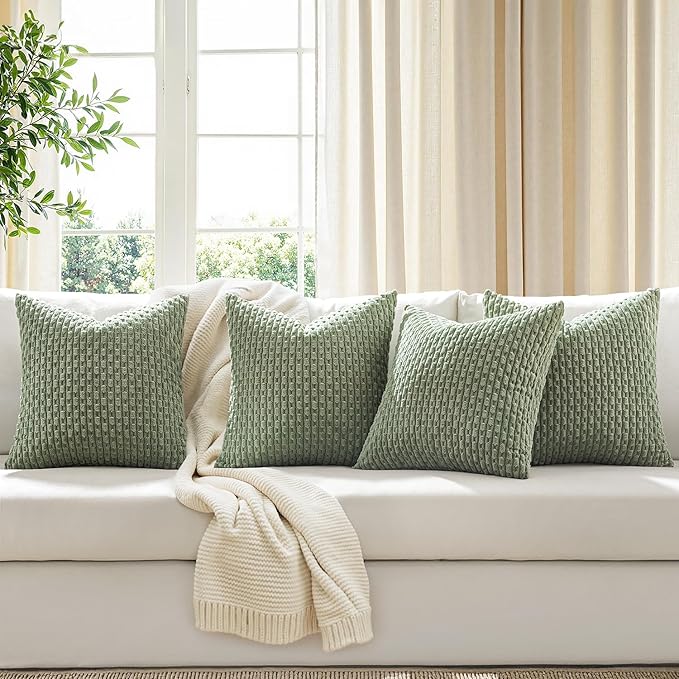 MIULEE Sage Green Decorative Throw Pillow Covers for Couch Living Room 20x20 Inch Soft Pillow Cases Set of 4 Boho Striped Corduroy Farmhouse Cushion Covers Spring Home Decor for Sofa Bed