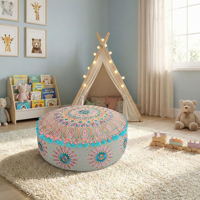 Mandala Life ART Moroccan Large Floor Pillow Cover with Tassels and Ponpon Bedroom Décor Round Pouf Ottoman Boho Chic Seating Area Beanbag Footstool Stool Cotton 24x8 Unstuffed