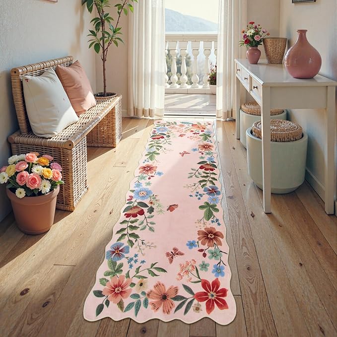 Lahome Floral Kitchen Runner, 2X6 Washable Runner Rug Non-Slip, Ultra-Thin Soft Hallway Rug Stain Resistant Boho Carpet for ‎Bedroom Laundry Bathroom Flore, Light Pink
