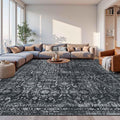 10x14 Area Rugs for Living Room Bedroom, Large Washable Rug, Black Vintage Floral Boho Rug, Non Slip & Low Pile Faux Wool Thin Carpet for Indoor Dining Room and Kids Room(Black 10x14ft)