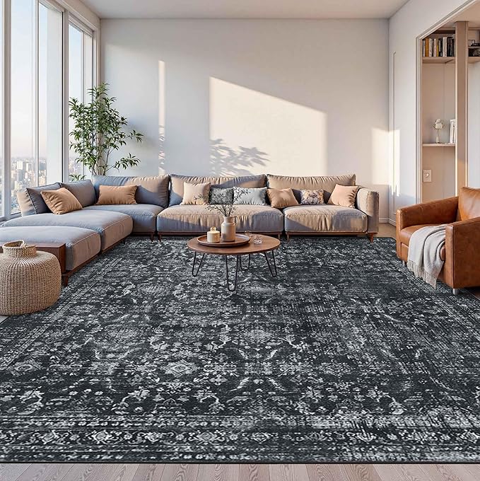 10x14 Area Rugs for Living Room Bedroom, Large Washable Rug, Black Vintage Floral Boho Rug, Non Slip & Low Pile Faux Wool Thin Carpet for Indoor Dining Room and Kids Room(Black 10x14ft)