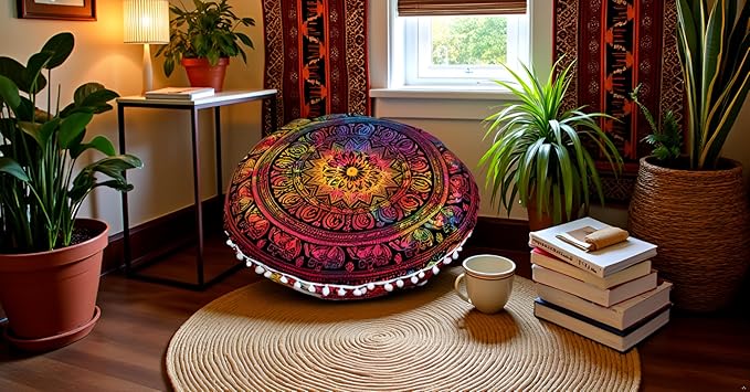CRAFT KALA 32 Inch Meditation Floor Pillow Cover Round Pillow Seating Hippie Decorative Adults Bohemian Mandala Cushion Cover Outdoor Living Room Throw Ottoman Poufs Cover (32", Multi Elephant)