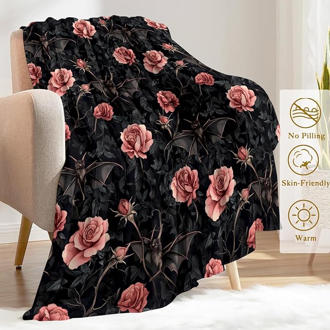 Gothic Bat and Rose Fleece Blanket - Lightweight Soft Cozy Gifts Throw for Goth Lovers, Kids,Women,Dark Romantic Black Blankets,Home Room Modern Halloween Decor 40x50in