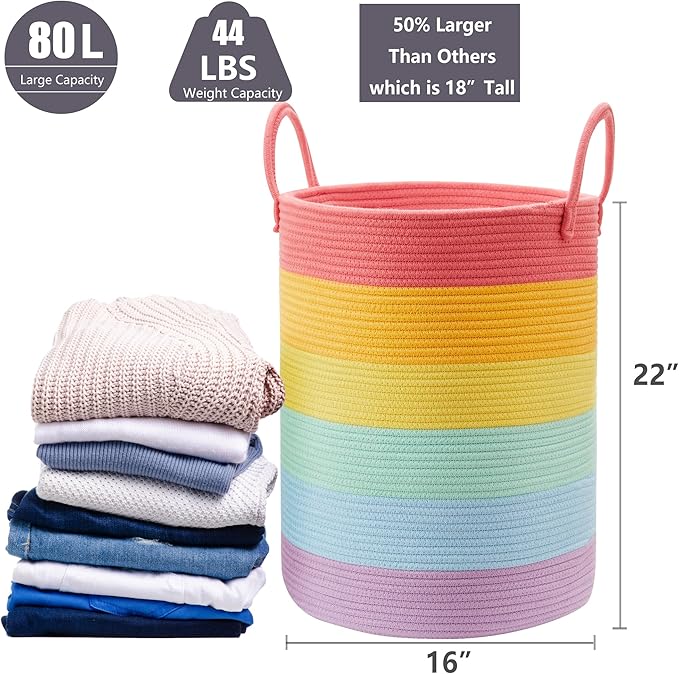 80 Large Rainbow Laundry Hamper Basket for Girls Kids Tall Unicorn Baby Nursery Hamper for Clothes Woven Roper Blanket Toy Basket in Living Room Playroom Bedroom 16"D x 22"H