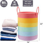 80 Large Rainbow Laundry Hamper Basket for Girls Kids Tall Unicorn Baby Nursery Hamper for Clothes Woven Roper Blanket Toy Basket in Living Room Playroom Bedroom 16"D x 22"H