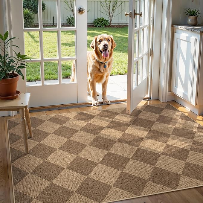 Lanffia Checkered Easy Jute Entryway Rugs, 3x5 Neutral Outdoor Rug for Patios, Checkerboard Washable Indoor Outdoor Rug, Farmhouse Non Slip Stain Resistant Front Door Carpet for Porch
