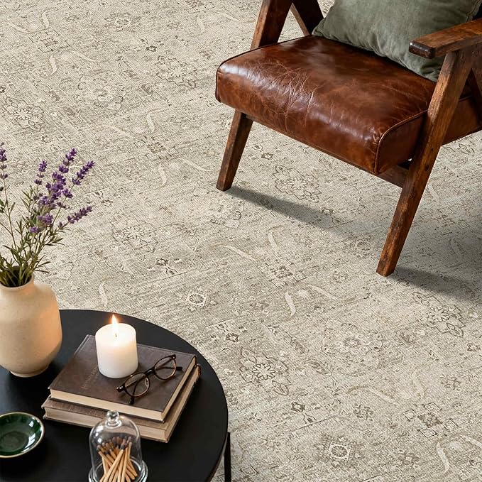 5x7 Area Rugs for Living Room Bedroom, Beige Washable Neutral Rug, Vintage Floral Retro Boho Non Slip & Low Pile Carpet for Dining Room, Classroom, Dorm, Nursery and Kids Room-Beige/Cream