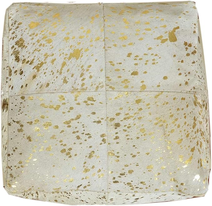 Unstuffed Premium Hair-on Leather Ottoman Pouf Cover, Boho Handmade Genuine Cowhide Square Footstool, Modern Cube Ottoman Footrest for Home Decor Living Room, Bedroom - 18X18 Inch, White & Gold
