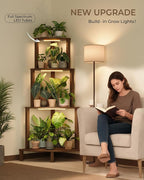 Bamworld Corner Plant Stand with Grow Lights 4-Tier Plant Stand Indoor Wood Plant Stand with Grow Light Tall Shelves Garden Decor for Living Room Balcony