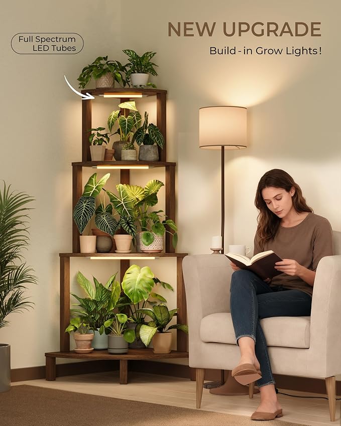 Bamworld Corner Plant Stand with Grow Lights 4-Tier Plant Stand Indoor Wood Plant Stand with Grow Light Tall Shelves Garden Decor for Living Room Balcony