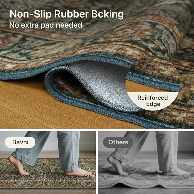Bavni Washable Rugs 3x5-Machine Washable Rug Lightweight Low Pile, Vintage Floral Rug Non-Shedding Distressed Throw Carpet for Living Room Bedroom Office, Dark Green/Multi