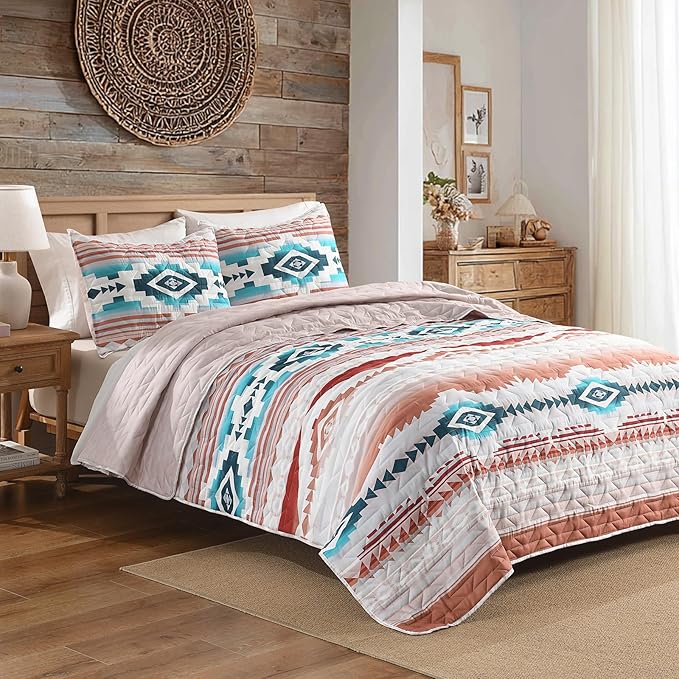 HORIMOTE HOME Southwestern Aztec Quilt Set Queen/Full Size - 3-Piece Tribal Geometric Pattern Bedspread with 2 Pillow Shams, Boho Rustic Bedding Set All Season Quilted Coverlet （Terracotta/Teal）