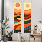 AOHMPT Pack of 2 Long Vertical Tapestry,Nature Landscape Tapestry with Serene Mountain River, Moon & Sun Motifs,Traditional Ink Painting Wall Art , Zen Aesthetic Wall Hanging for Living Room Bedroom Decor 13" W x 51" H"