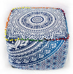 CRAFT KALA Indian Square Patchwork Traditional Pouf Cover Indian Living Room Poufs Cover Decorative Designer Ottoman Pom Pom Home Living Footstool Chair Cover Ottoman Decor 18X18X14 inches, Blue Ombre