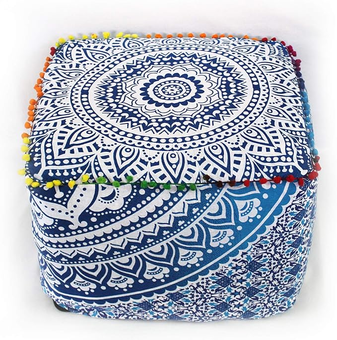 CRAFT KALA Indian Square Patchwork Traditional Pouf Cover Indian Living Room Poufs Cover Decorative Designer Ottoman Pom Pom Home Living Footstool Chair Cover Ottoman Decor 18X18X14 inches, Blue Ombre