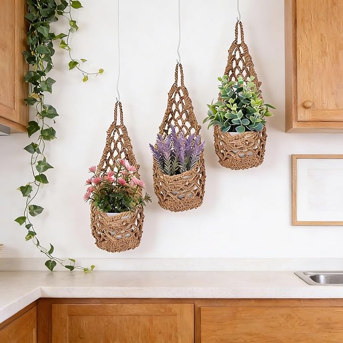 10 Pack Macrame Wall Plant Hanger with Artificial Pot Flower - Boho Wall Hanging Planter for Indoor Plant Cotton Rope Holder with Mini Fake Pot Flower for Home Wedding Decor Gift(Jute)