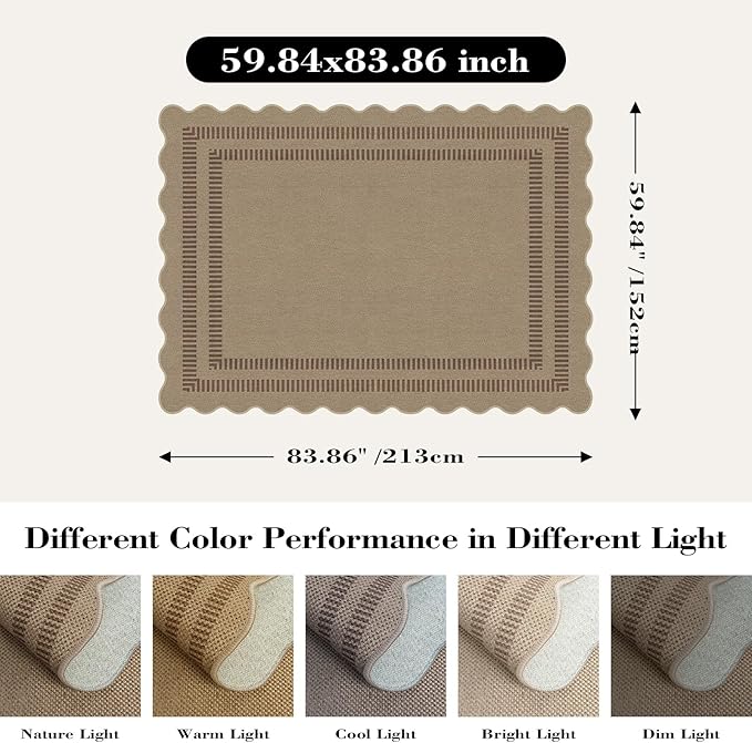 Scalloped 5x7 Rug for Living Room, Easy Jute Washable Outdoor Patio Carpet, Farmhouse Indoor Brown Geometric Rug Neutral Non Slip Carpet for Living Room Backyard