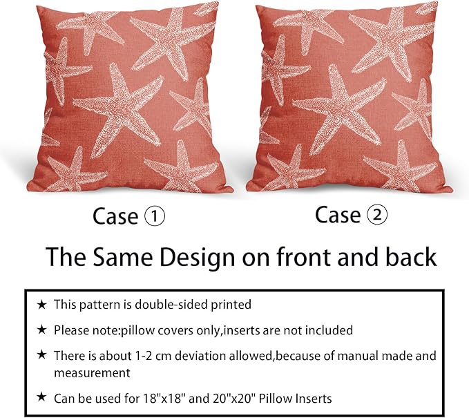 Kawani Beach Coral Starfish Pillow Covers 20X20 Inch Summer Nautical Coastal Ocean Decorative Pillow Cases Set of 2 Cotton Linen Throw Pillows Seasonal Home Decor for Sofa Couch Cushion Outdoor