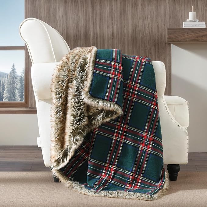 HORIMOTE HOME Luxury Plush Faux Fur Throw Blanket with Green Plaid Pattern, Super Warm, Fuzzy, Elegant, Fluffy Decoration Christmas Holiday Blanket for Couch, Armchair, Sofa and Bed, 50''x 60''