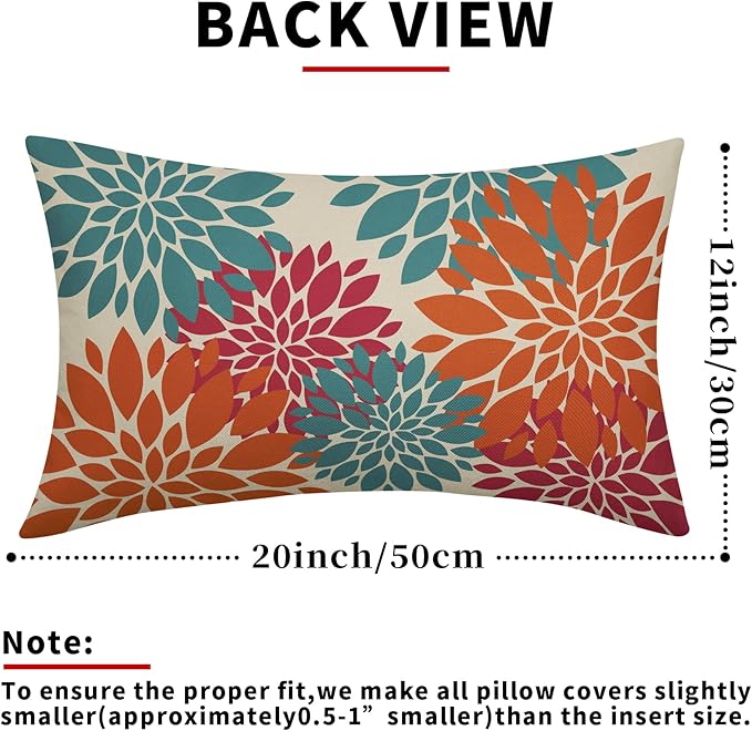 Blue Orange Burgundy Red Pillow Covers 12X20 Inch Set of 2, Spring Modern Geometry Dahlia Floral Decorative Rectangle Throw Pillow Covers Outdoor Farmhouse Cushion Case for Couch Sofa Bed Decor