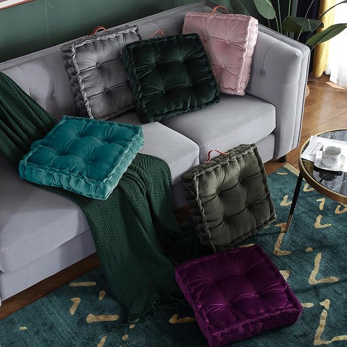 vctops Square Solid Color Velvet Seat Cushion with Handle Tufted Thicken Chair Pad Tatami Floor Pillow Cushion 16.5"x16.5"x4" Blue