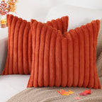 Pallene Faux Fur Plush Fall Throw Pillow Covers 24x24 Set of 2, Luxury Soft Fluffy Striped Decorative Pillow Covers for Sofa, Couch, Living Room, Rust