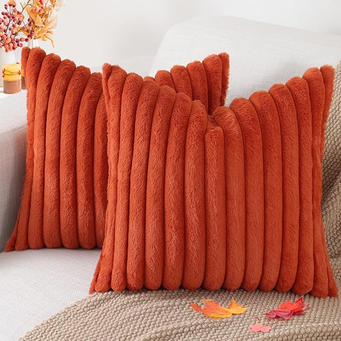 Pallene Faux Fur Plush Fall Throw Pillow Covers 24x24 Set of 2, Luxury Soft Fluffy Striped Decorative Pillow Covers for Sofa, Couch, Living Room, Rust
