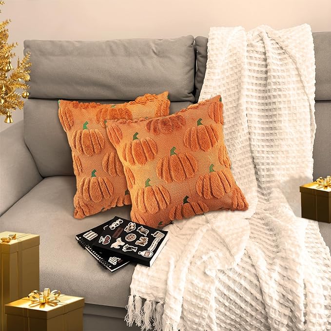 Fall Pumpkin Decorative Throw Pillow Covers 24x24 Set of 2 Pillow Covers, Faux Fur Square Pillow Cover Fluffy Plush Accent Throw Pillow Case, Throw Pillow Cover Cushion Cover for Autumn