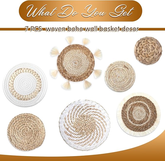 Beeveer 7 Pcs Boho Wall Baskets Decor Hanging Rustic Rattan Wicker Wall Basket for Farmhouse Living Rooms Bedrooms Kitchen Decorations(Classic Style)