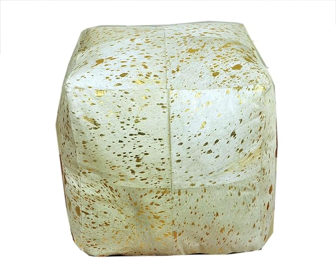Unstuffed Premium Hair-on Leather Ottoman Pouf Cover, Boho Handmade Genuine Cowhide Square Footstool, Modern Cube Ottoman Footrest for Home Decor Living Room, Bedroom - 18X18 Inch, White & Gold