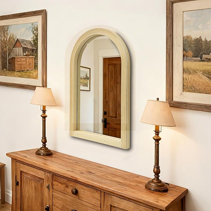 24" x 36" Arched Wall Mirror, Handwoven Natural Bamboo (Warm Tone) Strip Frame, 2-Inch Deep Textured Design, Boho Coastal Mirror for Entryway, Bedroom, Living Room, Vertical Hanging