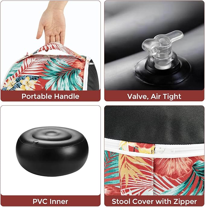 Outdoor/Indoor Inflatable Ottoman Pouf D20 xH9, All Weather Round Footstool with Foot Pump, Water Repellent Portable Footrest with Handle for Patio Garden Camping Travel-Chili Red Floral