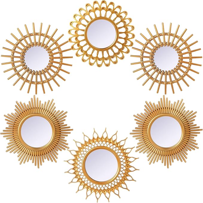 Namalu 6 Pcs Sunburst Mirror for Wall Decor, Small Circle Sun Decorative Mirror Hanging for Art Entryway Home Decor Bathroom Bedroom Living Room(Classic,Gold)
