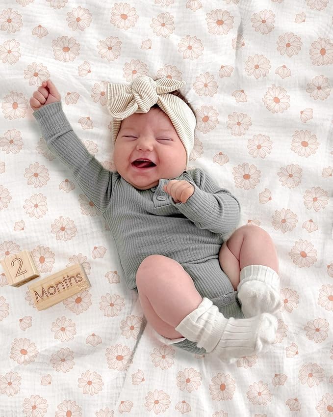 meowcards Muslin Swaddle Blankets for Baby, Unisex Baby Boys Girls Essentials, Large 47 x 47 inches, Boho Receiving Blankets Newborn Registry Must Haves (Flower-A, Simple)