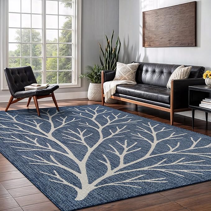Washable Indoor Outdoor Rug 5x7 Modern Area Rugs Branch Pattern Non Shedding Waterproof Easy Clean Patio Deck Porch Living Room Bedroom Garden RV (5 X 7 Blue)
