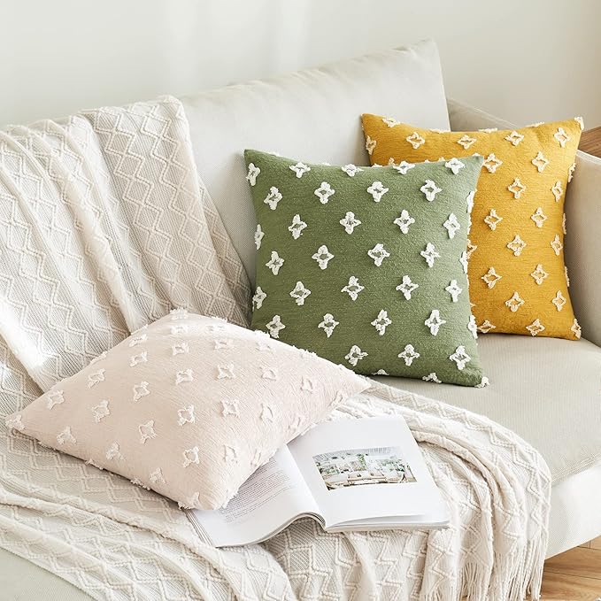 ANRODUO Pack of 2 Sage Green Floral Boho Decorative Throw Pillow Covers with Tufted Rhombic Jacquard for Room Decor Pillow Covers 18x18 Cute and Soft Pillowcase for Couch Sofa and Living Room Fall
