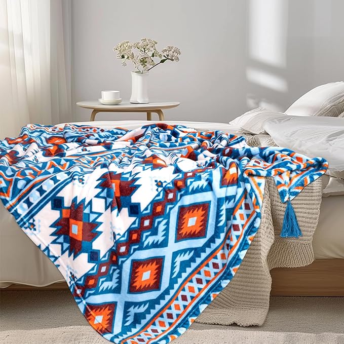 MACEVIA Flannel Boho Blanket for Couch, Country Western Aztec Blankets for Home Decor, Southwestern Colorful Throw Blanket with Tassel, Soft Cozy Bohemian Blanket for Bed (Boho Blue, 50x60inches)