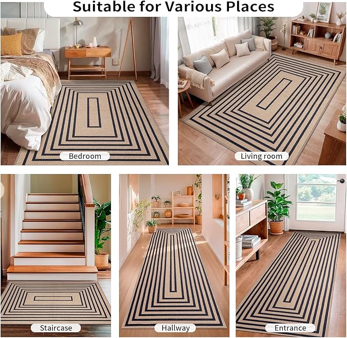 Tangsoo Geometric Easy Jute Rug 2x3 Washable Rug,Small Area Rug for Entryway,Non-Slip Black Thin Indoor Outdoor Door Mat Modern Farmhouse Carpet for Entrance Kitchen Bedroom Front Porch